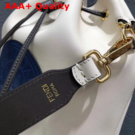 Fendi Medium Mon Tresor Bucket Bag in White with Blue Fendi Stamp Patch Replica