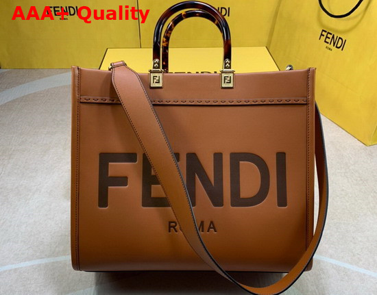 Fendi Medium Sunshine Shopper Bag Made Rrom Brown Leather with Heat Stamped FENDI ROMA and Stiff Tortoiseshell Plexiglass Handles Replica