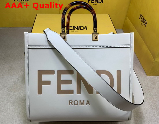 Fendi Medium Sunshine Shopper Bag Made Rrom White Leather with Heat Stamped FENDI ROMA and Stiff Tortoiseshell Plexiglass Handles Replica