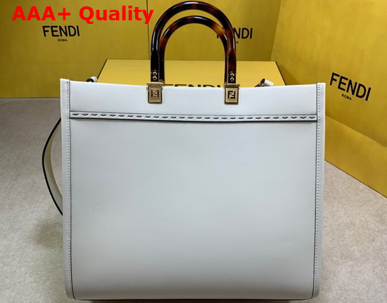 Fendi Medium Sunshine Shopper Bag Made Rrom White Leather with Heat Stamped FENDI ROMA and Stiff Tortoiseshell Plexiglass Handles Replica