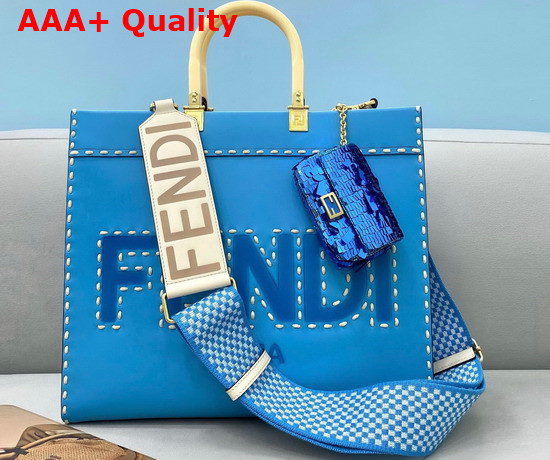 Fendi Medium Sunshine Shopper Bag Made of Blue Leather with Hot Stamped FENDI ROMA Embellished with Macro Hand Stitching Replica