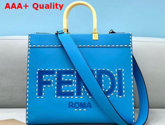 Fendi Medium Sunshine Shopper Bag Made of Blue Leather with Hot Stamped FENDI ROMA Embellished with Macro Hand Stitching Replica