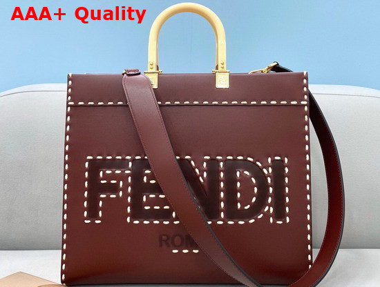 Fendi Medium Sunshine Shopper Bag Made of Brown Leather with Hot Stamped FENDI ROMA Embellished with Macro Hand Stitching Replica