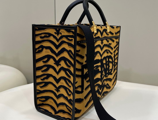 Fendi Medium Sunshine Shopper Bag Made of Jacquard Fabric Featuring the Tiger Motif in Black and Dark Yellow Replica