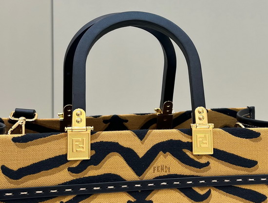 Fendi Medium Sunshine Shopper Bag Made of Jacquard Fabric Featuring the Tiger Motif in Black and Dark Yellow Replica