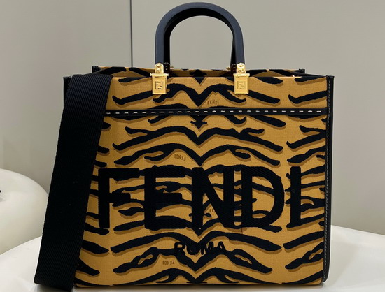 Fendi Medium Sunshine Shopper Bag Made of Jacquard Fabric Featuring the Tiger Motif in Black and Dark Yellow Replica