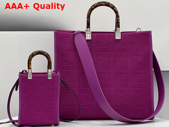 Fendi Medium Sunshine Shopper Bag Made of Purple Technical Mesh with 3D Texture FF Motif and Stiff Tortoiseshell Effect Plexiglass Handles Replica