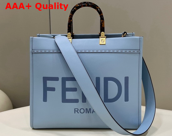 Fendi Medium Sunshine Shopper Bag in Light Blue Leather with Hot Stamped FENDI ROMA Print Replica