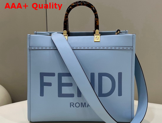 Fendi Medium Sunshine Shopper Bag in Light Blue Leather with Hot Stamped FENDI ROMA Print Replica