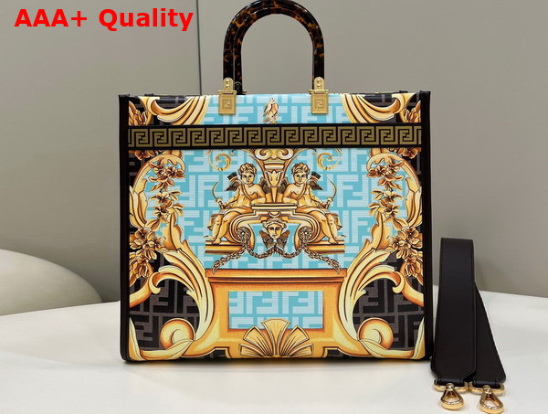 Fendi Medium Sunshine Shopper in Black Leather with Versace Baroque Print Replica