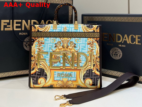 Fendi Medium Sunshine Shopper in Black Leather with Versace Baroque Print Replica