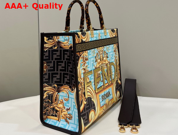 Fendi Medium Sunshine Shopper in Black Leather with Versace Baroque Print Replica