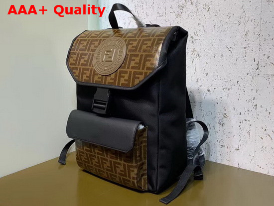 Fendi Men Backpack Black Nylon and Glazed Fabric with Brown FF Motif Replica