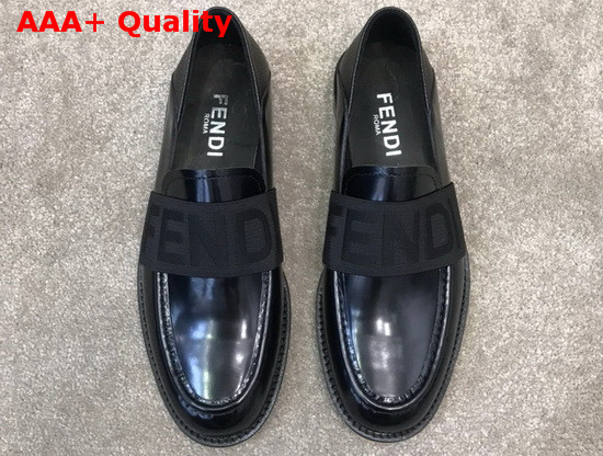 Fendi Men Loafers in Black Glazed Calfskin with Stretch FENDI Band at the Ankle Replica