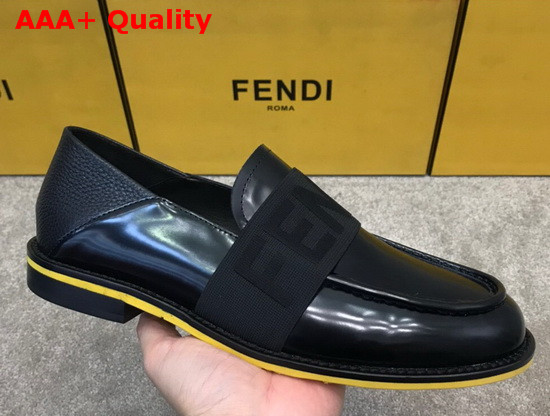 Fendi Men Loafers in Black Glazed Calfskin with Stretch FENDI Band at the Ankle Replica