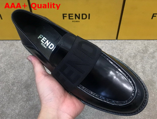 Fendi Men Loafers in Black Glazed Calfskin with Stretch FENDI Band at the Ankle Replica