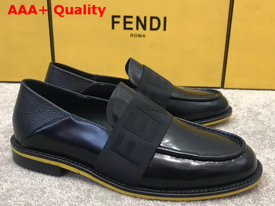 Fendi Men Loafers in Black Glazed Calfskin with Stretch FENDI Band at the Ankle Replica