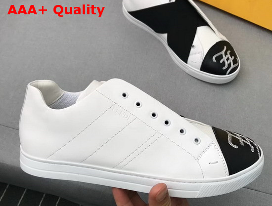 Fendi Mens Slip on Sneakers in White Calfskin with Black Crisscrossing Elastic Straps Replica