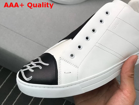 Fendi Mens Slip on Sneakers in White Calfskin with Black Crisscrossing Elastic Straps Replica