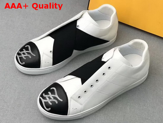 Fendi Mens Slip on Sneakers in White Calfskin with Black Crisscrossing Elastic Straps Replica