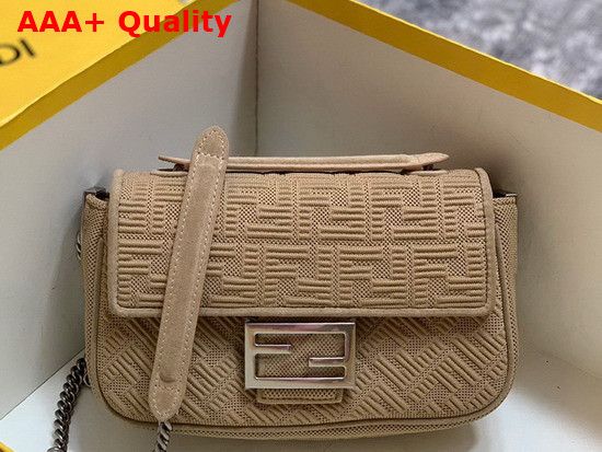 Fendi Midi Baguette Chain Beige FF Fabric Bag with 3D Texture FF Motif Replica