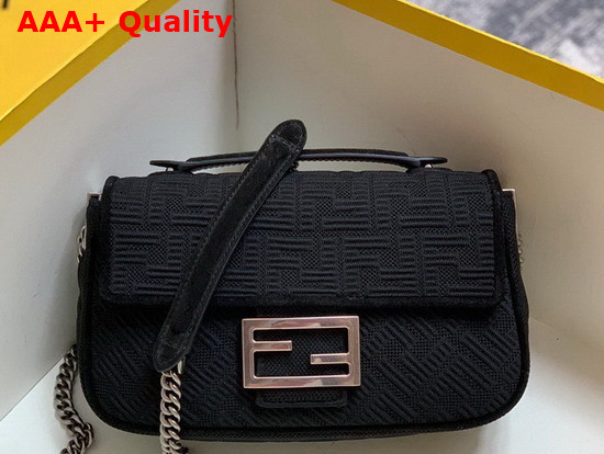 Fendi Midi Baguette Chain Black FF Fabric Bag with 3D Texture FF Motif Replica