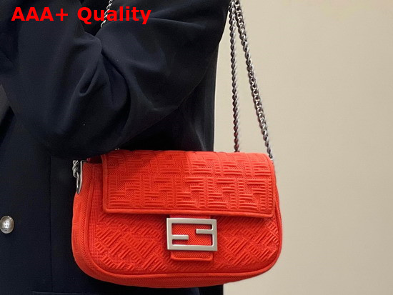 Fendi Midi Baguette Chain Red FF Fabric Bag with 3D Texture FF Motif Replica