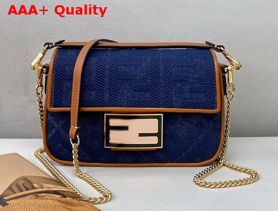 Fendi Mini Baguette Bag in Blue Denim with Embroidered FF Motif Replica