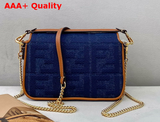 Fendi Mini Baguette Bag in Blue Denim with Embroidered FF Motif Replica