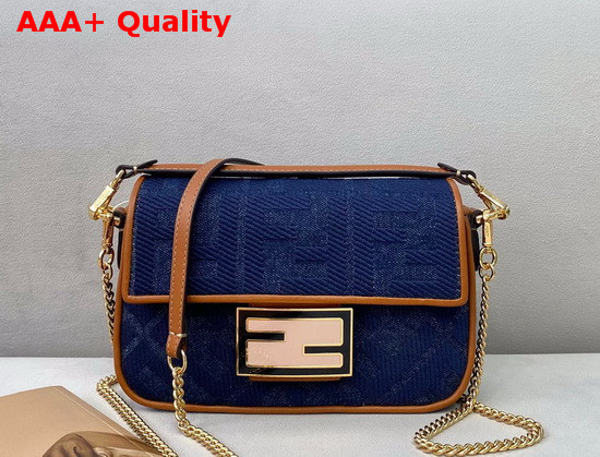 Fendi Mini Baguette Bag in Blue Denim with Embroidered FF Motif Replica