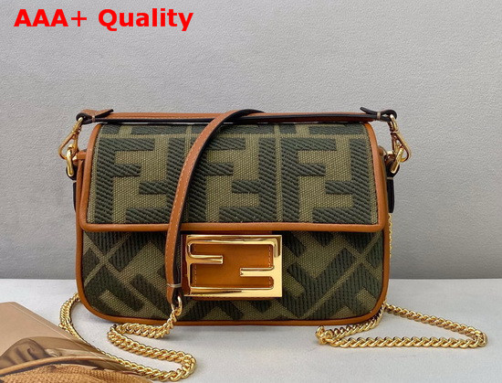 Fendi Mini Baguette Bag in Dark Green Denim with Embroidered FF Motif Replica