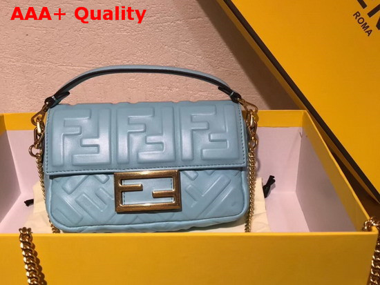 Fendi Mini Baguette Bag in Light Blue Nappa Leather with All Over FF Motif Replica