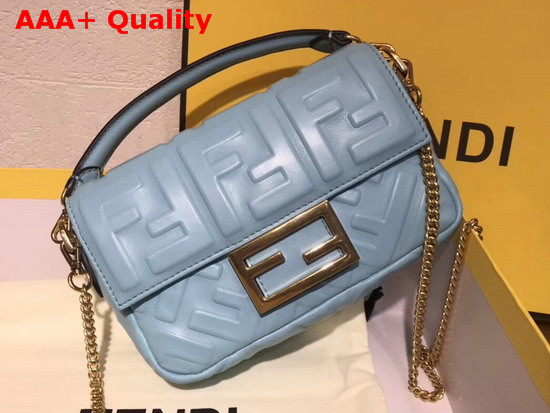 Fendi Mini Baguette Bag in Light Blue Nappa Leather with All Over FF Motif Replica