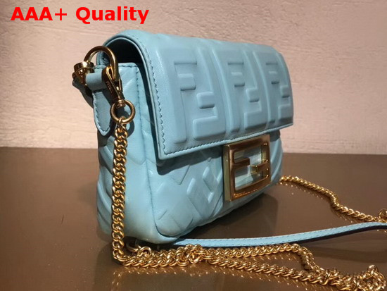 Fendi Mini Baguette Bag in Light Blue Nappa Leather with All Over FF Motif Replica