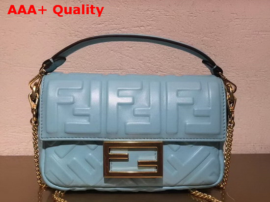 Fendi Mini Baguette Bag in Light Blue Nappa Leather with All Over FF Motif Replica