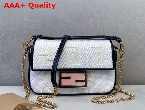 Fendi Mini Baguette Bag in White Denim with Embroidered FF Motif Replica