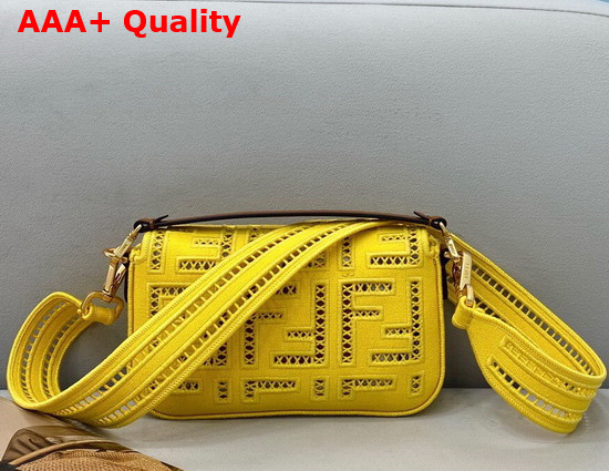 Fendi Mini Baguette Bag in Yellow Canvas with a Jour Embroidered FF Motif Replica