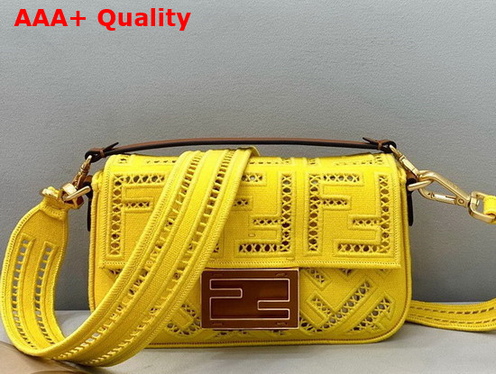 Fendi Mini Baguette Bag in Yellow Canvas with a Jour Embroidered FF Motif Replica