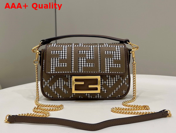 Fendi Mini Baguette Brown Houndstooth Wool Bag with FF Embroidery Replica