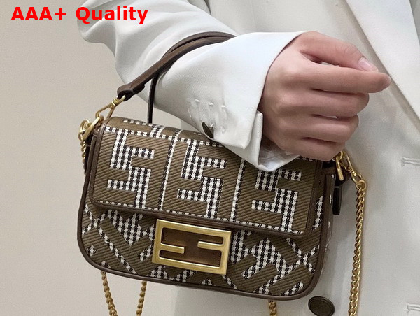 Fendi Mini Baguette Brown Houndstooth Wool Bag with FF Embroidery Replica