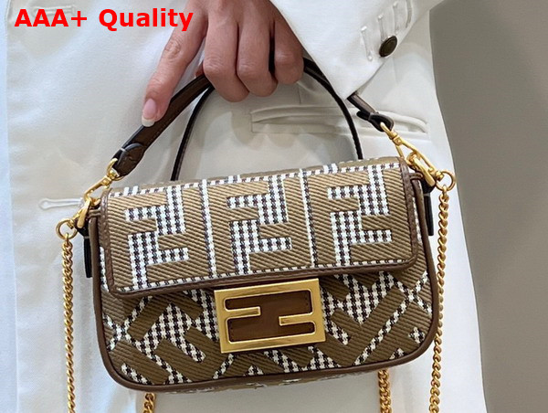 Fendi Mini Baguette Brown Houndstooth Wool Bag with FF Embroidery Replica