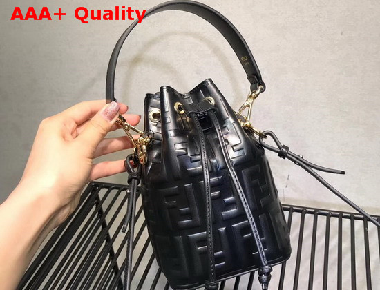 Fendi Mini Mon Tresor Bucket Bag in Black Calfskin with Raised Iconic FF Pattern Replica