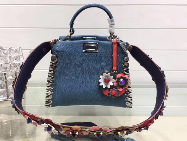 Fendi Mini Peekaboo Blue Selleria Handbag Roman Leather For Sale