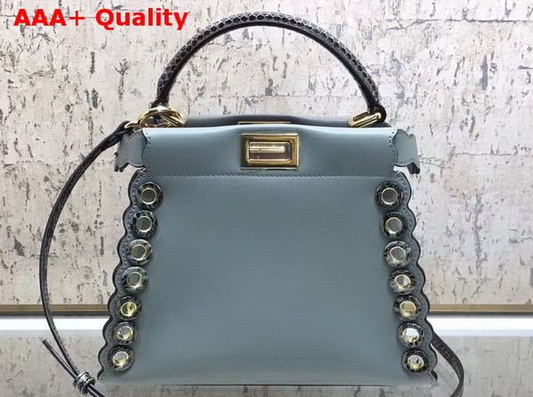 Fendi Mini Peekaboo Handbag in Light Blue Calf Leather with Python Handle and Grommets Replica