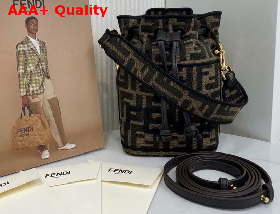 Fendi Mini Roma Amor Mon Tresor Bucket Bag Jacquard FF Logo Fabric Black Embroidered Logo Replica