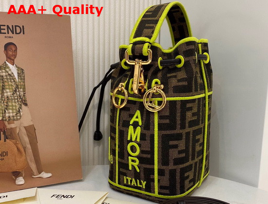 Fendi Mini Roma Amor Mon Tresor Bucket Bag Jacquard FF Logo Fabric Lemon Embroidered Logo Replica