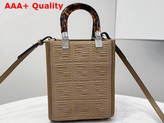 Fendi Mini Sunshine Shopper Bag Made of Beige Technical Mesh with 3D Texture FF Motif and Stiff Tortoiseshell Effect Plexiglass Handles Replica