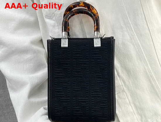 Fendi Mini Sunshine Shopper Bag Made of Black Technical Mesh with 3D Texture FF Motif and Stiff Tortoiseshell Effect Plexiglass Handles Replica