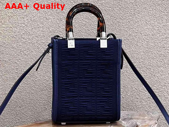 Fendi Mini Sunshine Shopper Bag Made of Blue Technical Mesh with 3D Texture FF Motif and Stiff Tortoiseshell Effect Plexiglass Handles Replica