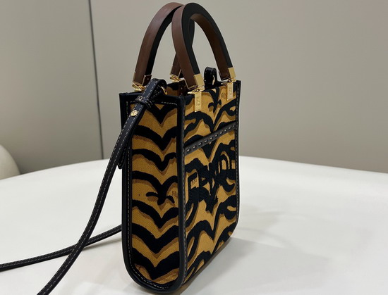 Fendi Mini Sunshine Shopper Bag Made of Jacquard Fabric Featuring the Tiger Motif in Black and Dark Yellow Replica